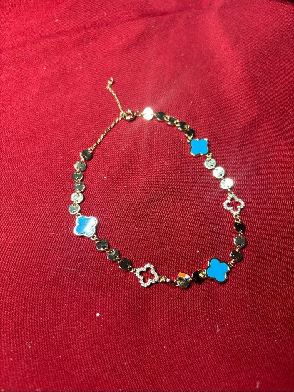 9” New Gold-tone Blue Clover Link Anklet